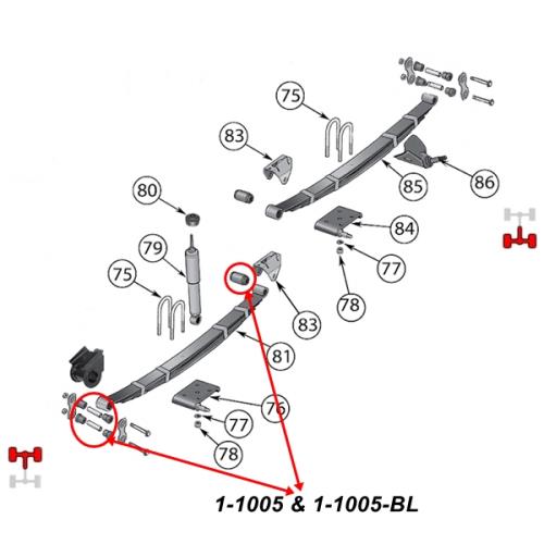 Jeep Wrangler YJ Polyurethan Blattfederbuchsen Federbuchsen Schäkelbuchsen Set Blattfedern vorne rot Prothane 87-95