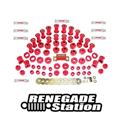 Jeep Wrangler YJ Karosseriebuchsen Fahrwerksbuchsen incl. Getriebegummi Set Komplettsatz rot Prothane 87-95