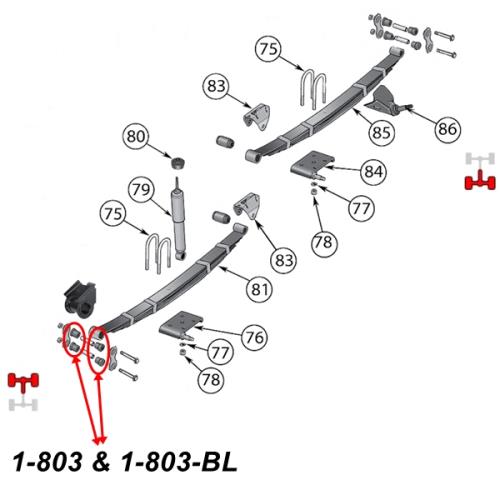 Jeep Wrangler YJ Polyurethan Schäkelbuchsen Set für ein Federgehänge Blattfeder vorne schwarz Prothane 87-95