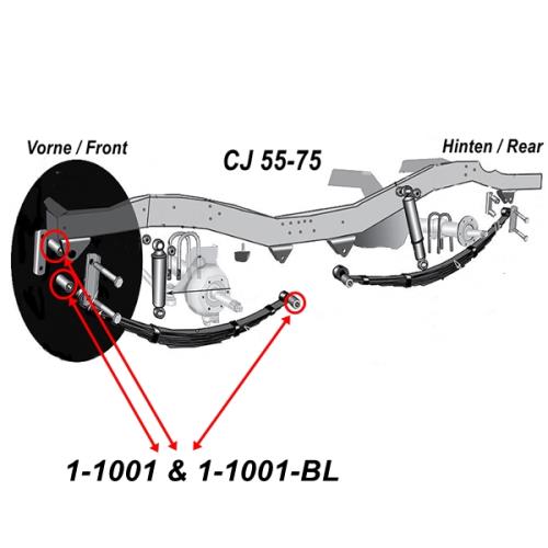 Jeep CJ Polyurethan Blattfederbuchsen Federbuchsen Schäkelbuchsen Set Blattfedern vorne schwarz Prothane 55-75
