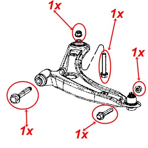 Jeep Patriot Compass MK Set Schrauben mit Muttern für den Querlenker vorne unten Bj. 07-17
